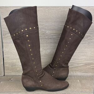Arche Fokol Women’s Sz EU 38 Dark Brown Nubuck Studded Zip Knee High Heel Boots
